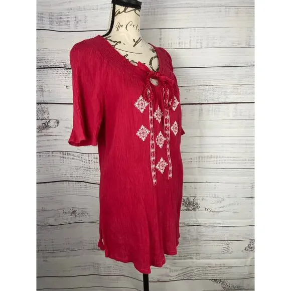 Catherines Top Womens 0X Red Embroidery Crepe Tassel Tie Smocked Neck Cotton - Picture 3 of 10
